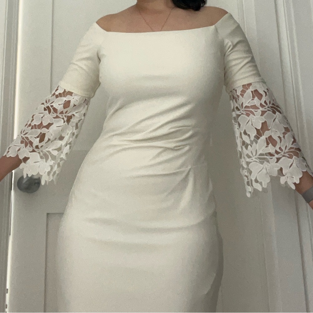 Frank Lyman wide white square neck dress with bell shaped lace sleeve